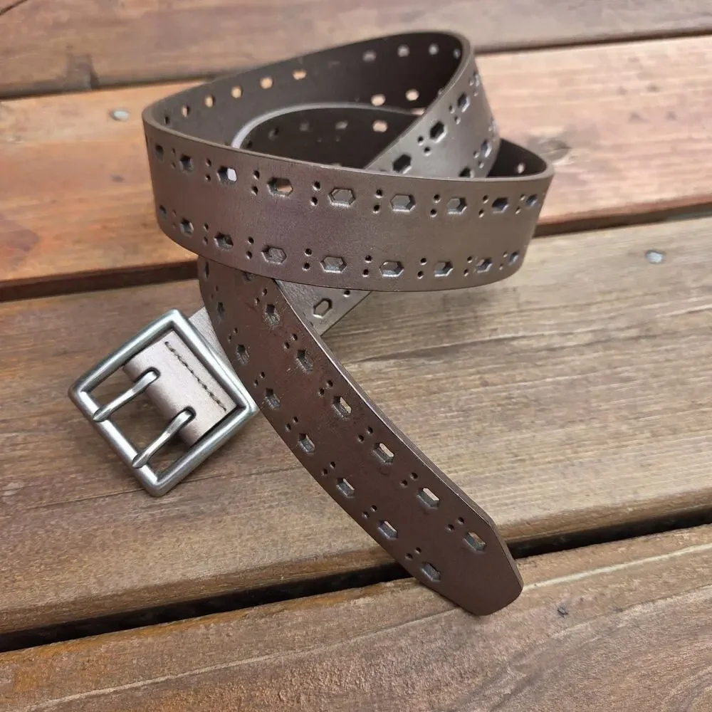 Metallic Bronze Leather Belt Womens L Geometric Cutout Wide Western Boho Belt